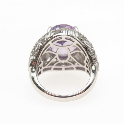 DSMK 925 Sterling Silver Real Amethyst & White Topaz Statement Ring Size 7