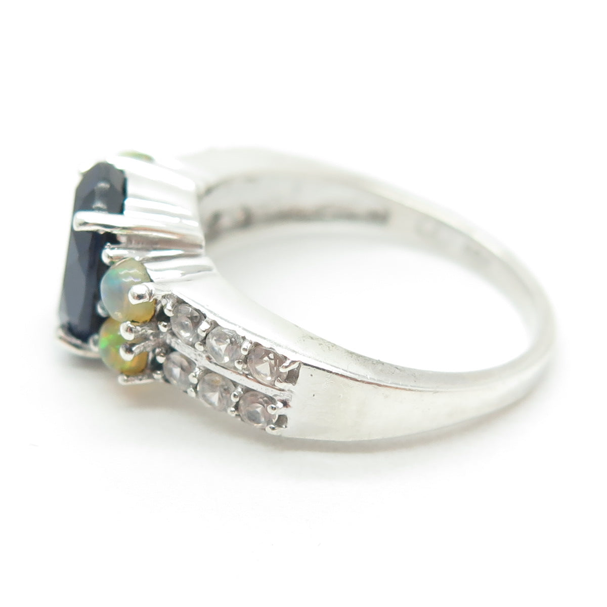 925 Sterling Silver Lab-Created Sapphire Real Opal & White Topaz Ring Size 8.75