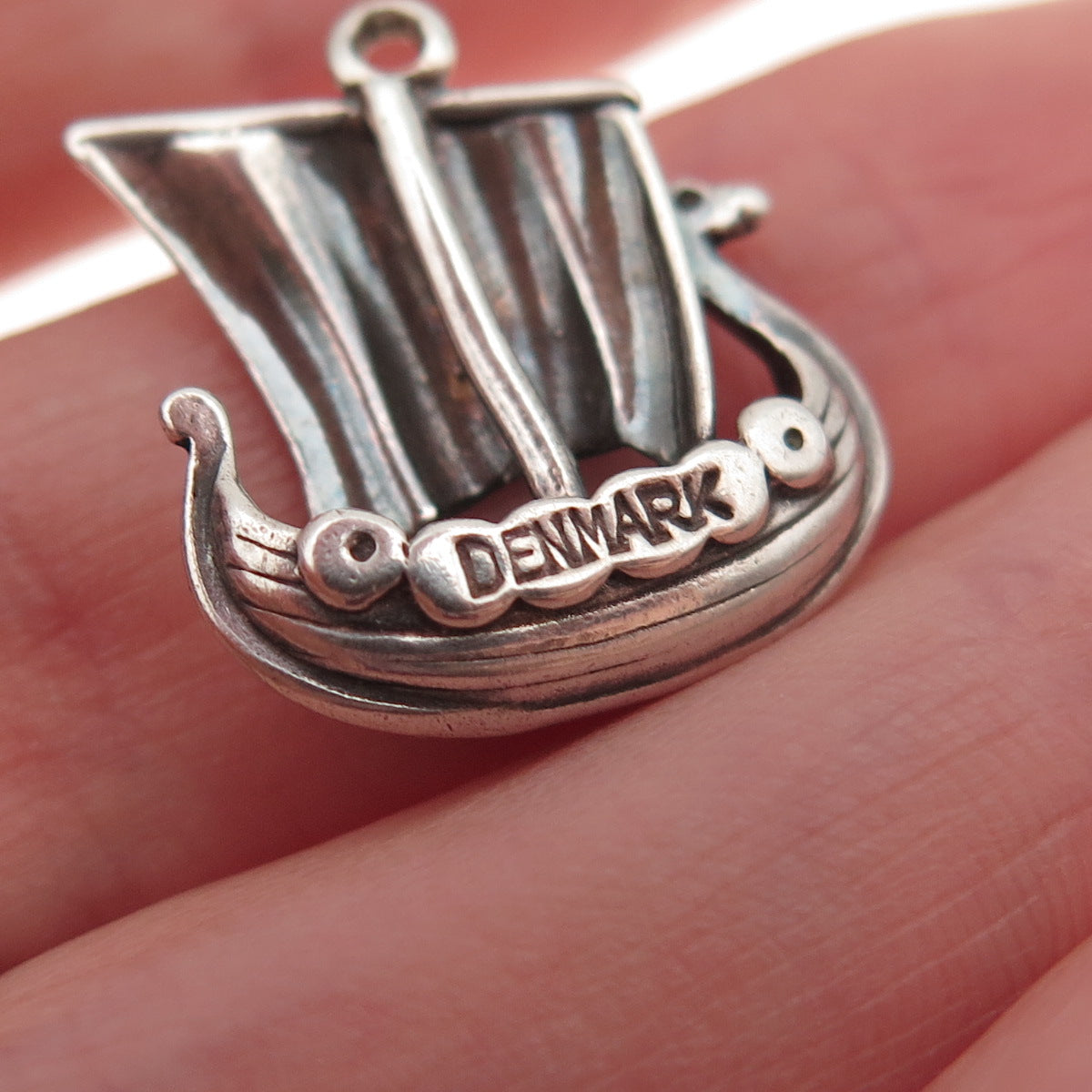 925 Sterling Silver Vintage Denmark Viking Ship Oxidized Mini Charm Pendant