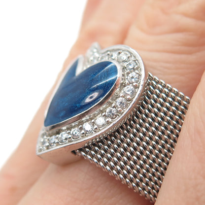 925 Sterling Silver Enamel & Round-Cut C Z Heart Mesh Ring Size 8.25