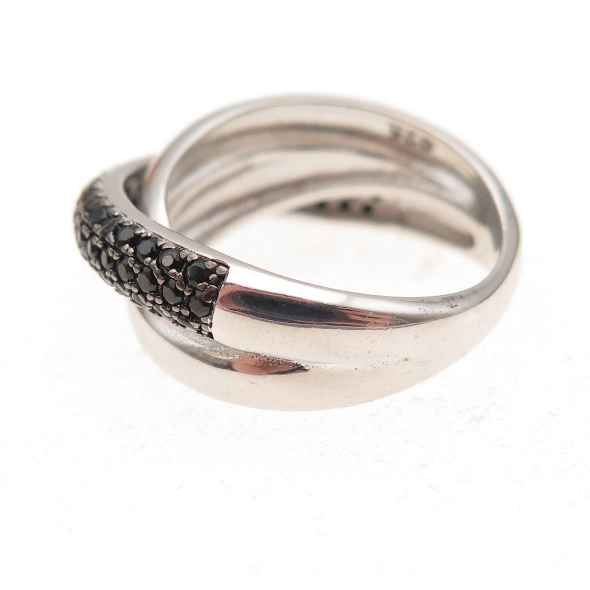 925 Sterling Silver Real Round-Cut Black Spinel Crisscross Ring Size 6.25