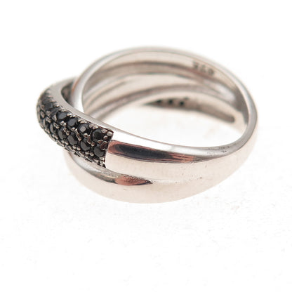 925 Sterling Silver Real Round-Cut Black Spinel Crisscross Ring Size 6.25
