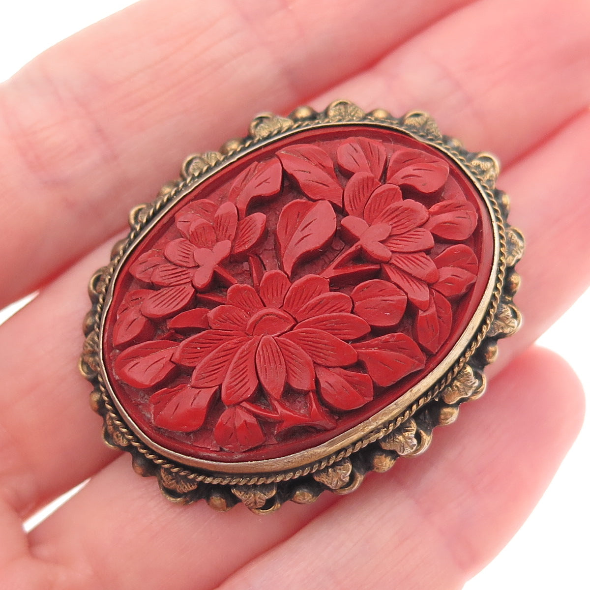 SUNG 925 Sterling Gold Plated Antique China Cinnabar Floral Brooch (missing pin)