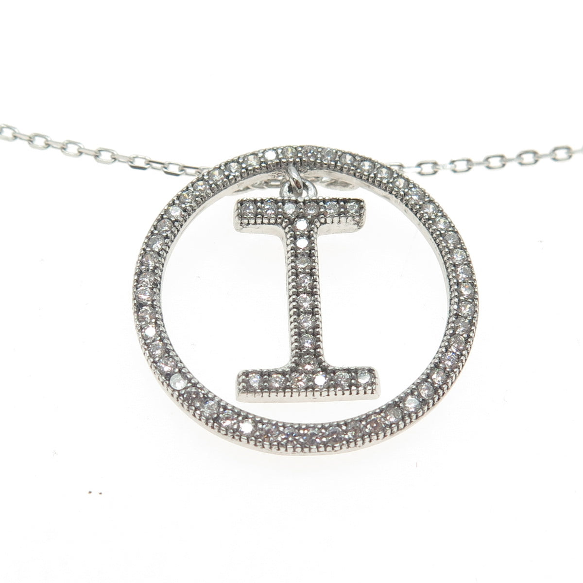 925 Sterling Silver Pave C Z Letter "I" Initial Cable Chain Necklace 18"