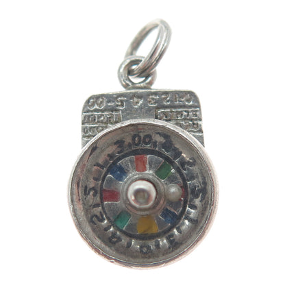 925 Sterling Silver Antique Enamel Casino Roulette Wheel Mini Charm Pendant