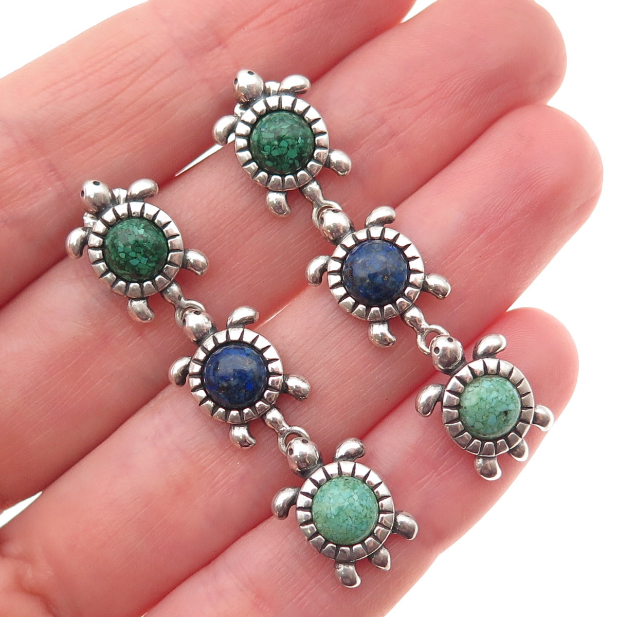 Carolyn Pollack Sterling Vintage Real Turquoise Malachite Lapis Inlay Earrings