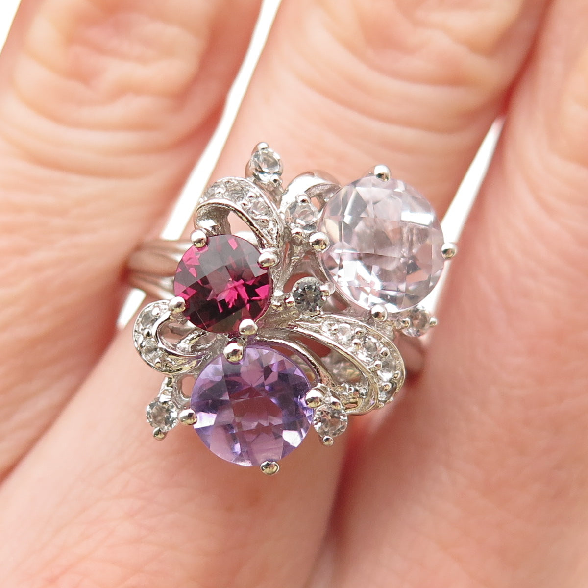 925 Sterling Silver Real Amethyst Tourmaline & White Topaz Ring Size 7