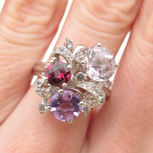 925 Sterling Silver Real Amethyst Tourmaline & White Topaz Ring Size 7