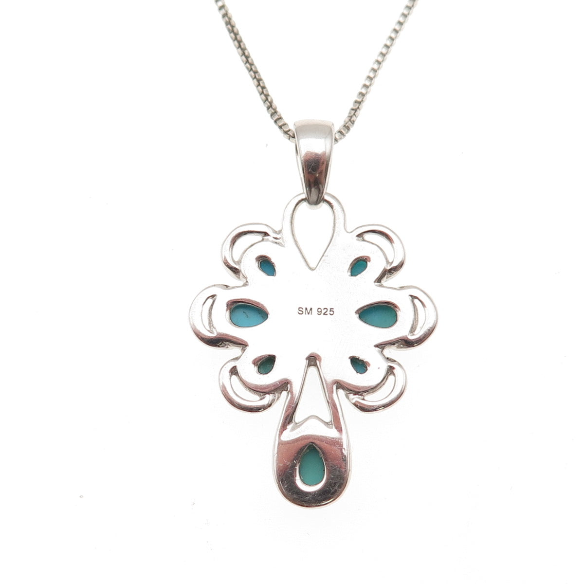 925 Sterling Silver Real Turquoise Floral Cross Box Chain Necklace 18-20"