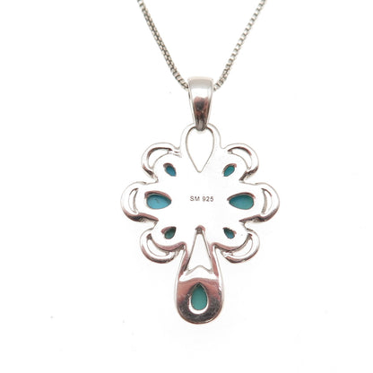 925 Sterling Silver Real Turquoise Floral Cross Box Chain Necklace 18-20"