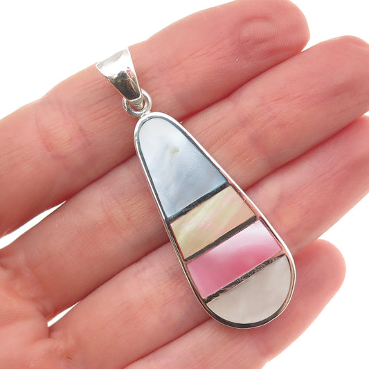 925 Sterling Silver Vintage Real Multi-Color MOP Teardrop Charm Pendant