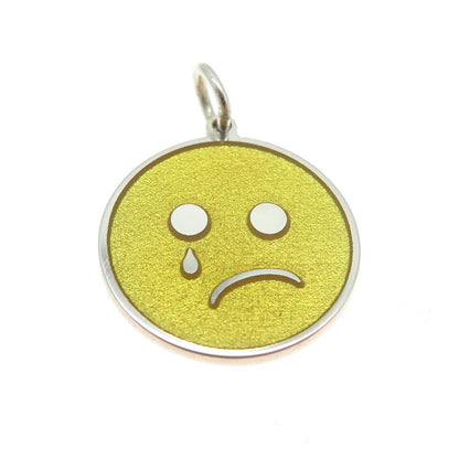 925 Sterling Silver Yellow Enamel Crying Face Emoji Minimalist Charm Pendant