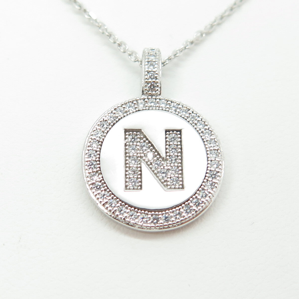 925 Sterling Silver C Z Letter "N" Initial Cable Chain Necklace 16"
