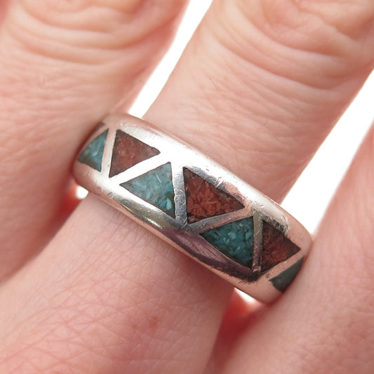 Old Pawn 925 Sterling Silver Vintage Turquoise & Coral Inlay Band Ring Size 9.75