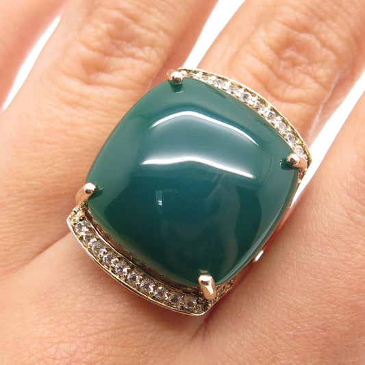 925 Sterling Gold Plated Real Green Onyx & White Topaz Statement Ring Size 6.25