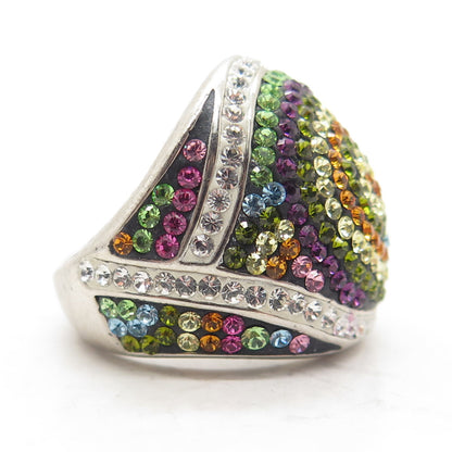 925 Sterling Silver Multi-Color Rhinestone Domed Ring Size 7.75