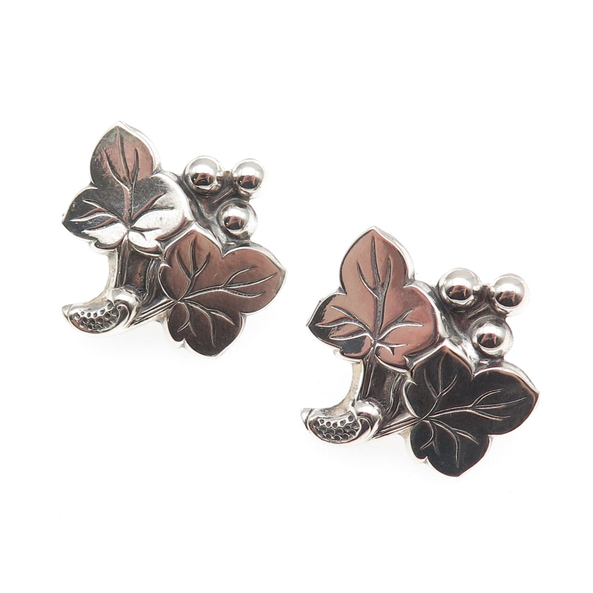 925 Sterling Silver Antique Art Deco Floral Oxidized Screw Back Earrings