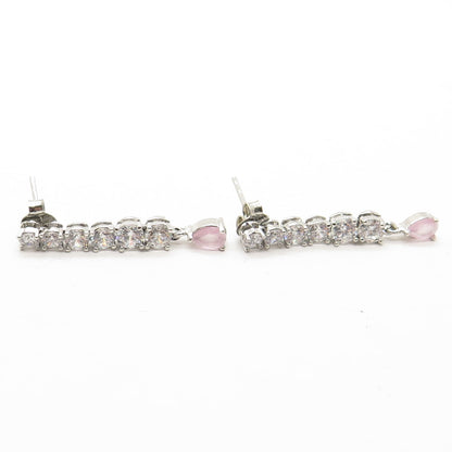 925 Sterling Silver Real Rose Quartz & Round-Cut Shaped C Z Dangling Earrings