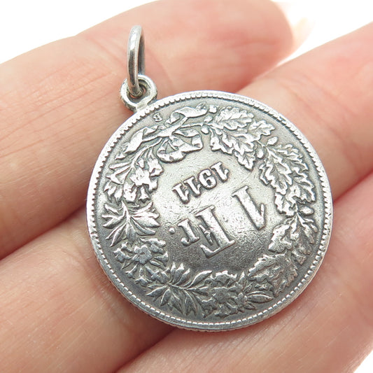 835 Silver Antique 1911 Switzerland One Franc Coin Pendant