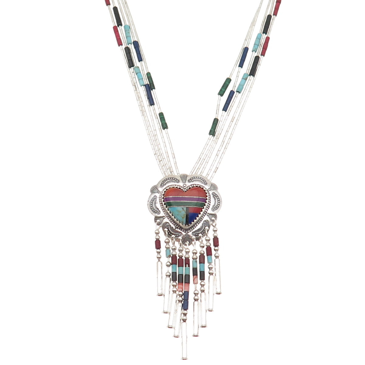 Quoc Turquoise Old Pawn 925 Sterling Silver Vintage Multi-Gem Heart Necklace 24"