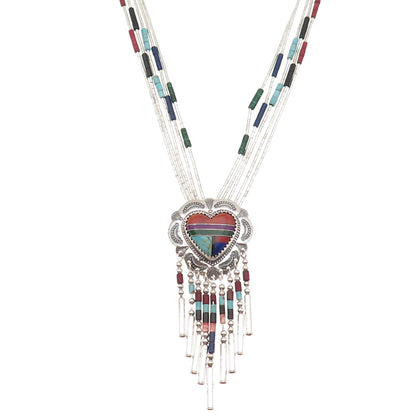 Quoc Turquoise Old Pawn 925 Sterling Silver Vintage Multi-Gem Heart Necklace 24"