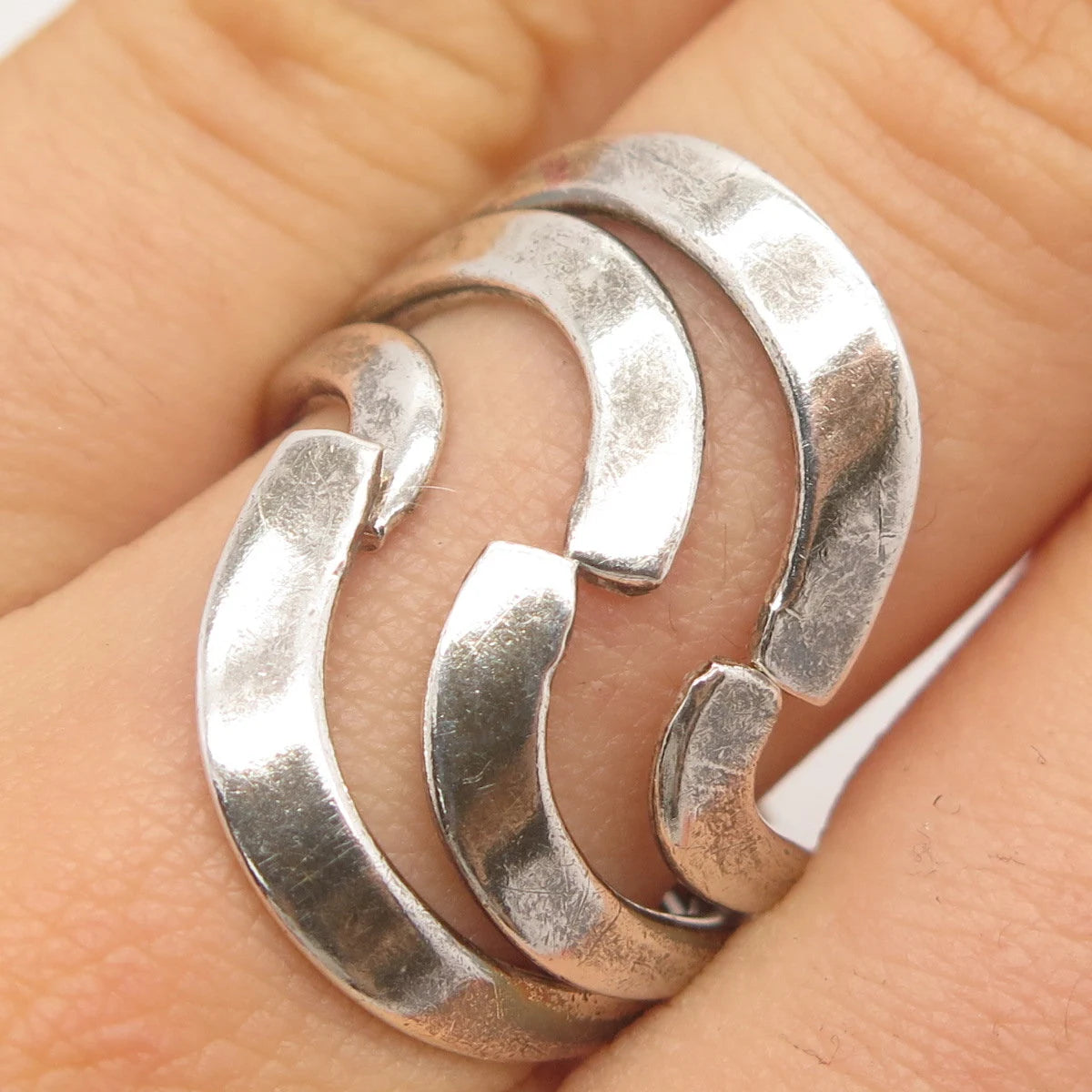 925 Sterling Silver Vintage Wavy Triple-Bar Ring Size 8.25