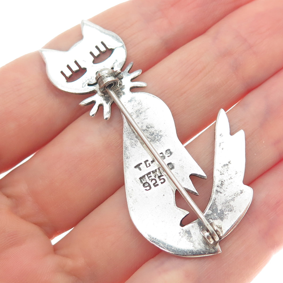 925 Sterling Silver Vintage Mexico Modernist Cat Pin Brooch