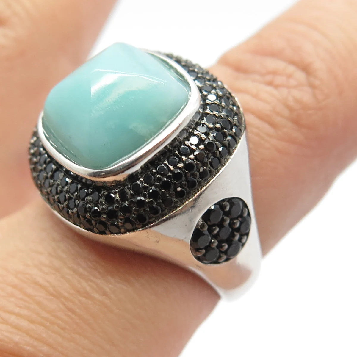 925 Sterling Silver Vintage Real Aquamarine & Black Spinel Square Ring Size 8