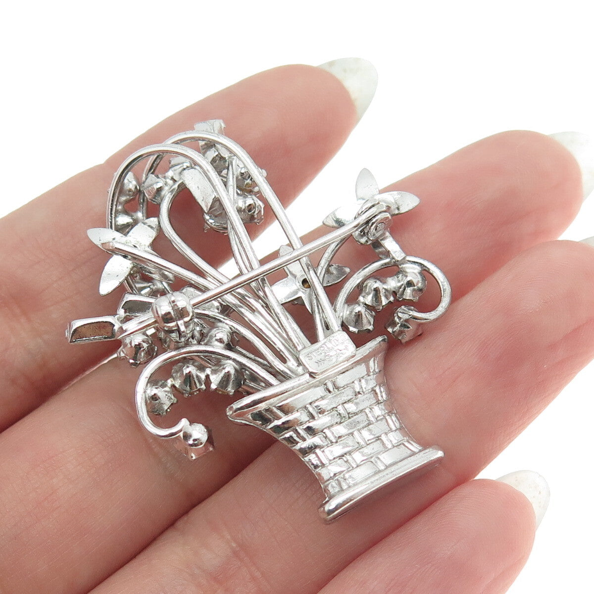 CARL ART 925 Sterling Silver Antique Art Deco Rhinestone Flower Basket Brooch