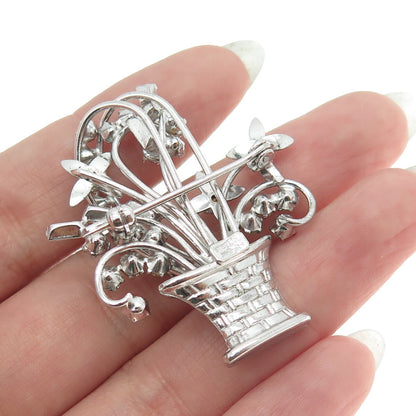 CARL ART 925 Sterling Silver Antique Art Deco Rhinestone Flower Basket Brooch