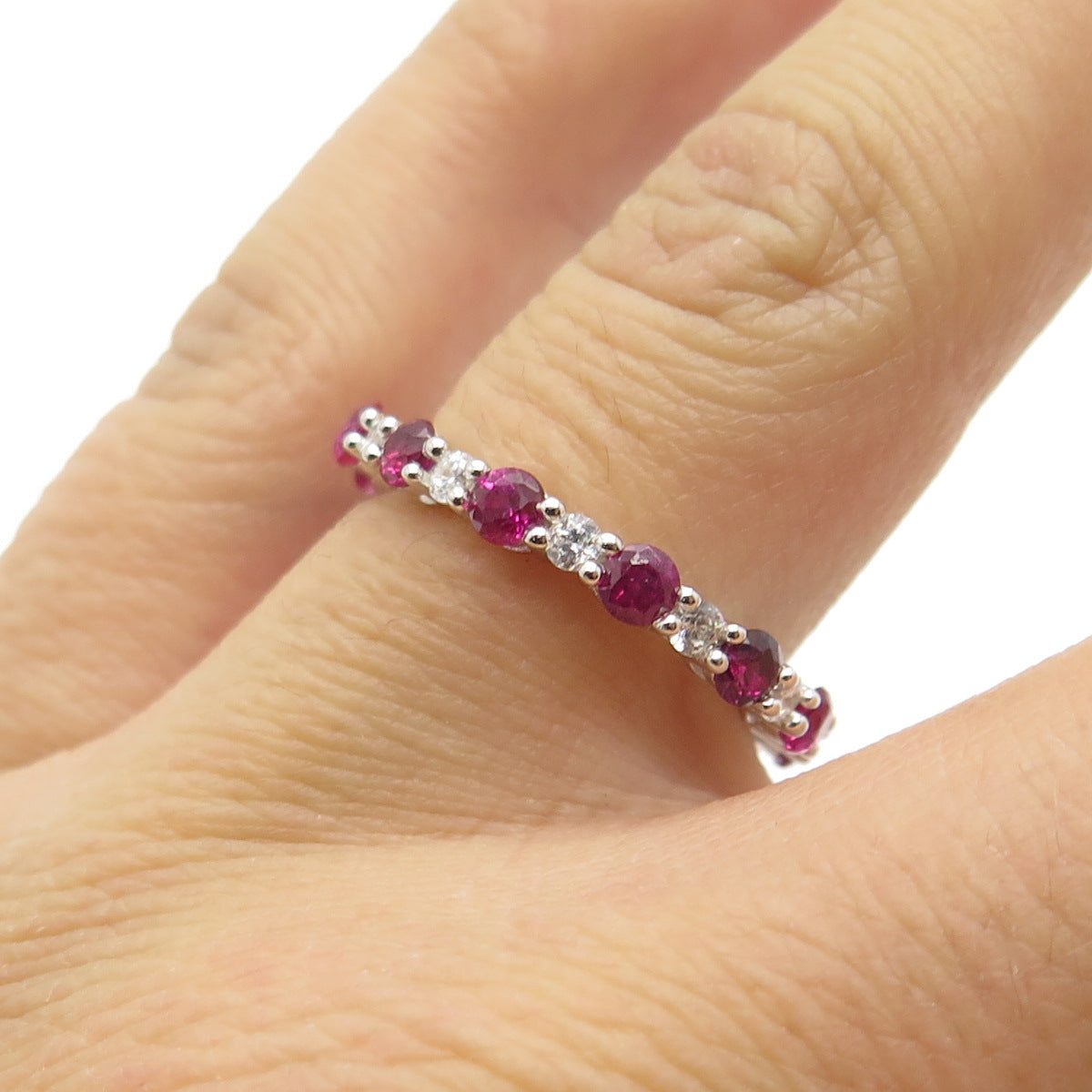 925 Sterling Silver Real Pink Sapphire & C Z All Around Eternity Ring Size 6