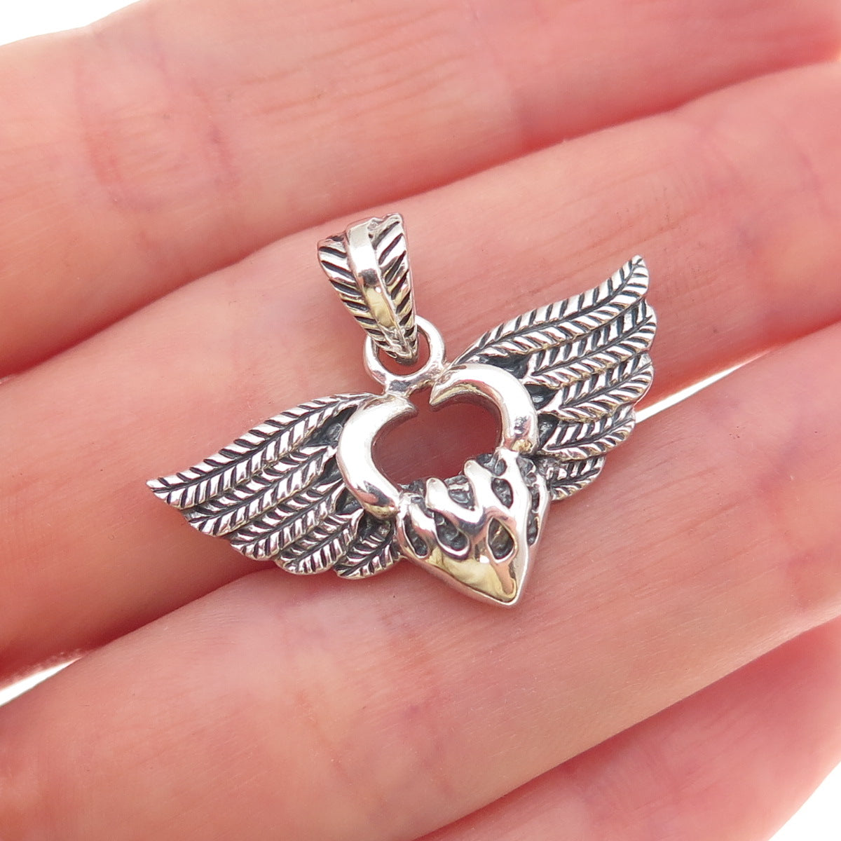 925 Sterling Silver Vintage Heart Angel Wings Oxidized Charm Pendant