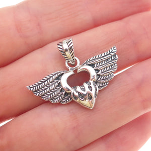 925 Sterling Silver Vintage Heart Angel Wings Oxidized Charm Pendant