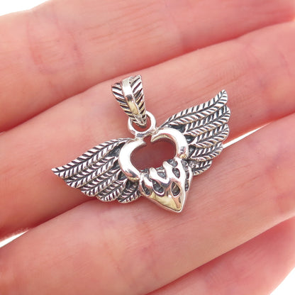 925 Sterling Silver Vintage Heart Angel Wings Oxidized Charm Pendant