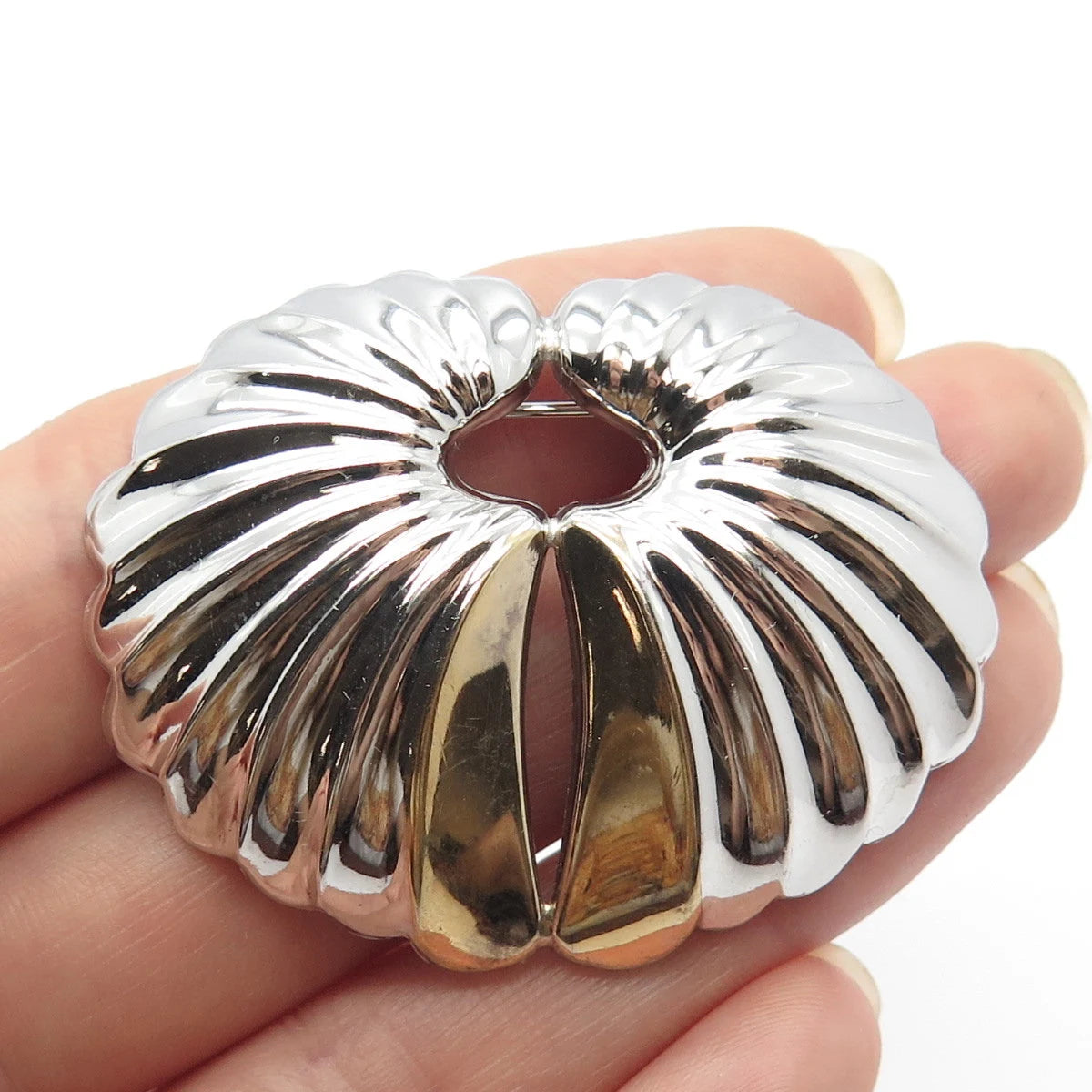925 Sterling Silver 2-Tone Vintage Ribbed Pin Brooch