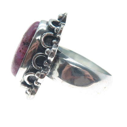 925 Sterling Silver Vintage Real Purple Agate Beaded Oxidized Ring Size 8.5