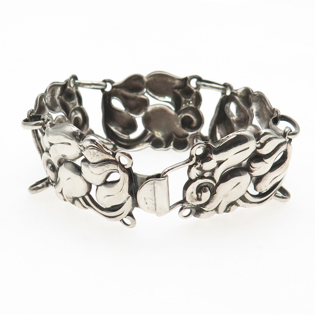 925 Sterling Silver Antique Art Deco Floral Oxidized Panel Link Bracelet 6.75"