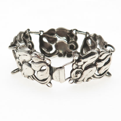 925 Sterling Silver Antique Art Deco Floral Oxidized Panel Link Bracelet 6.75"