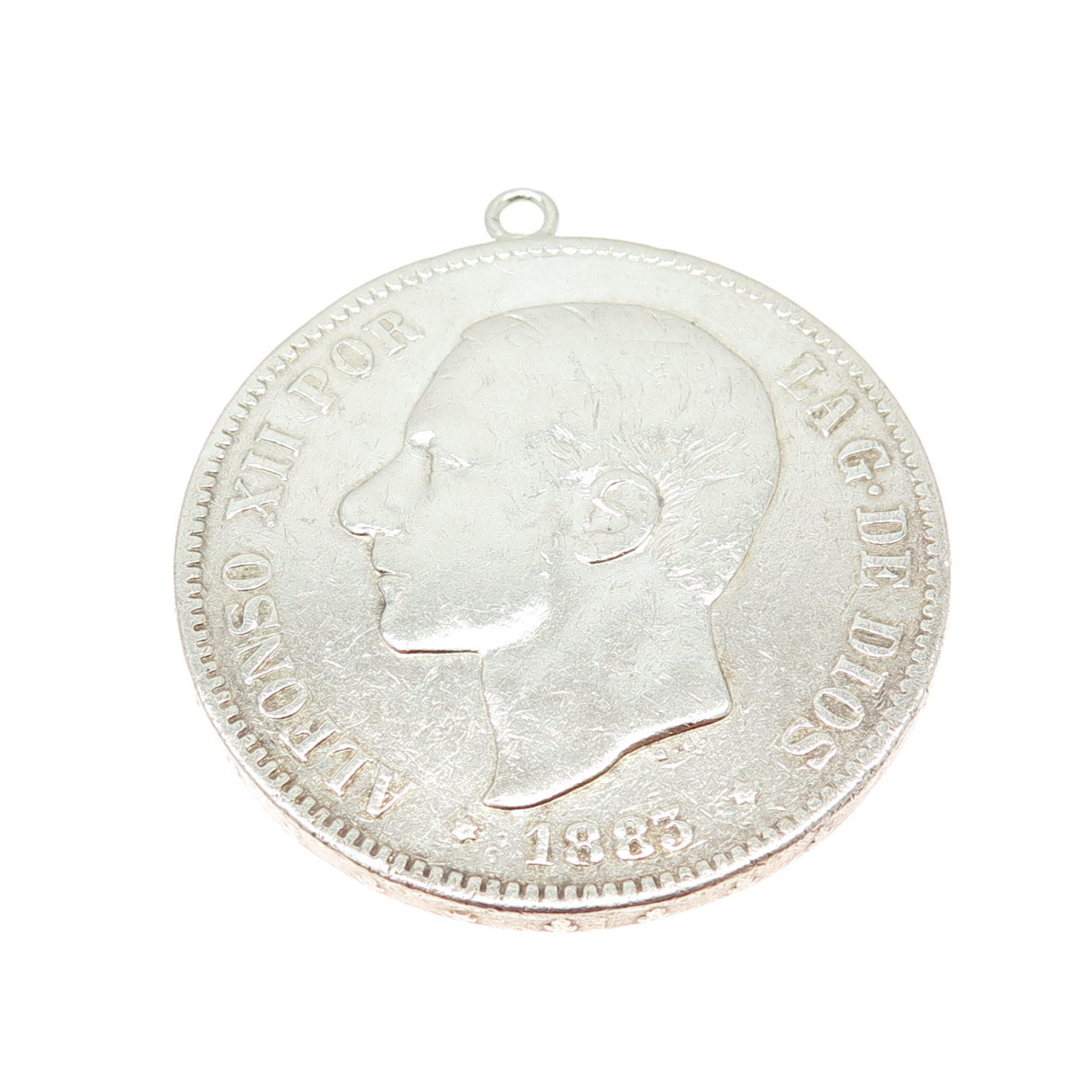 900 Silver Antique 1883 Spain 5 Pesetas - Alfonso XII Coin Pendant