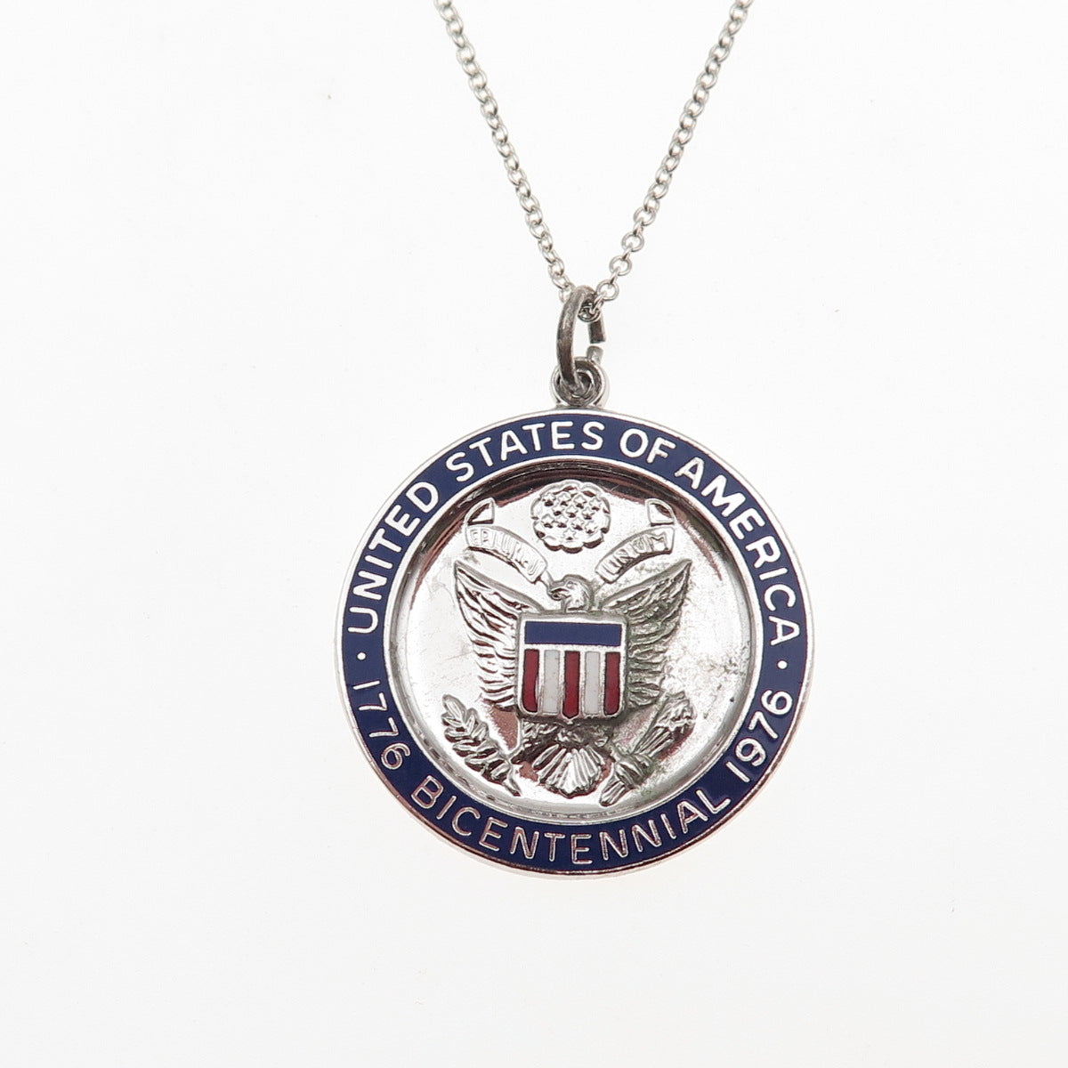 Griffith & Sons Sterling Vintage Enamel Bicentennial US Great Seal Necklace 18"