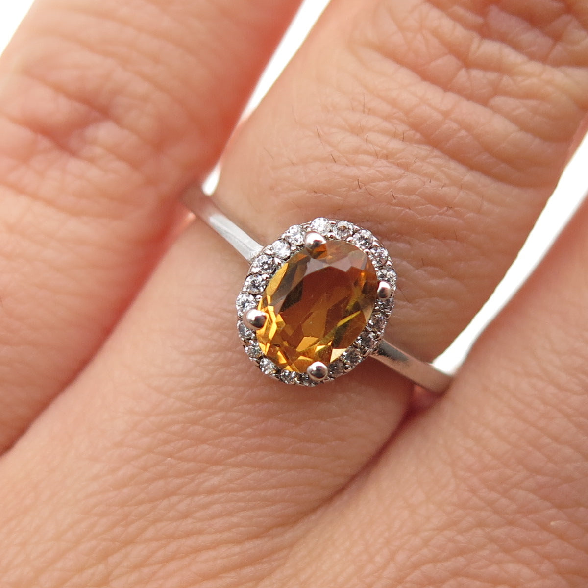 925 Sterling Silver Real Oval-Cut Citrine & Round-Cut C Z Ring Size 6
