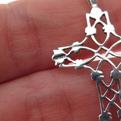 925 Sterling Silver Vintage Floral Cross Oxidized Charm Pendant
