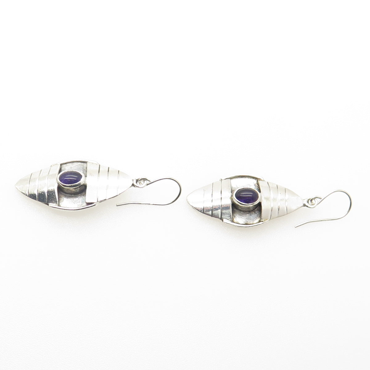 925 Sterling Silver Vintage Real Amethyst Gem Tribal Dangling Earrings