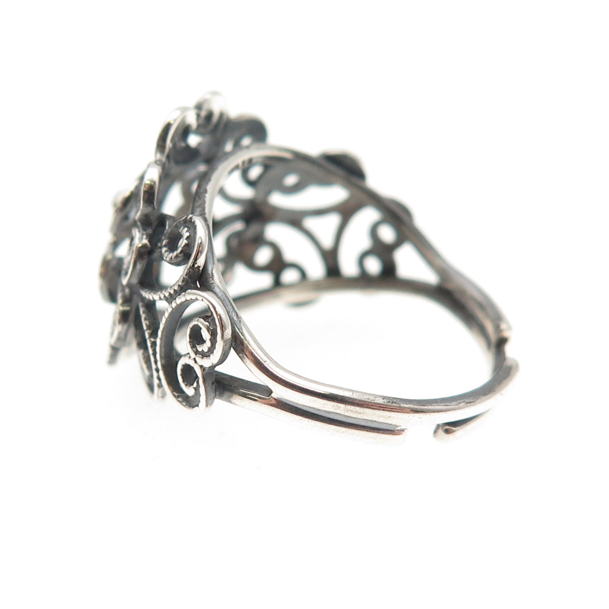 Beau Sterling Silver Antique Art Deco Heart Filigree Adjustable Ring Size 6.25