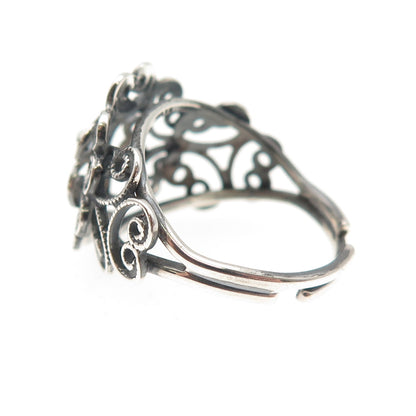 Beau Sterling Silver Antique Art Deco Heart Filigree Adjustable Ring Size 6.25