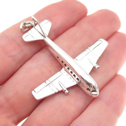 925 Sterling Silver Vintage Airplane Oxidized 3D Charm Pendant