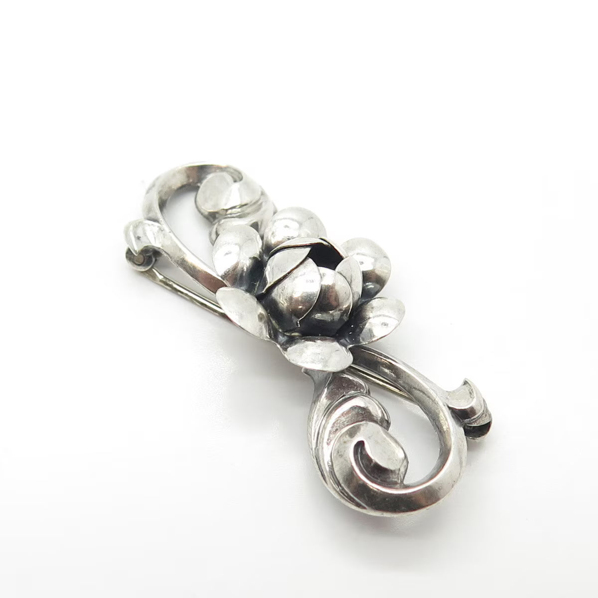 925 Sterling Silver Vintage BEAU Rose Floral Repousse Pin Brooch