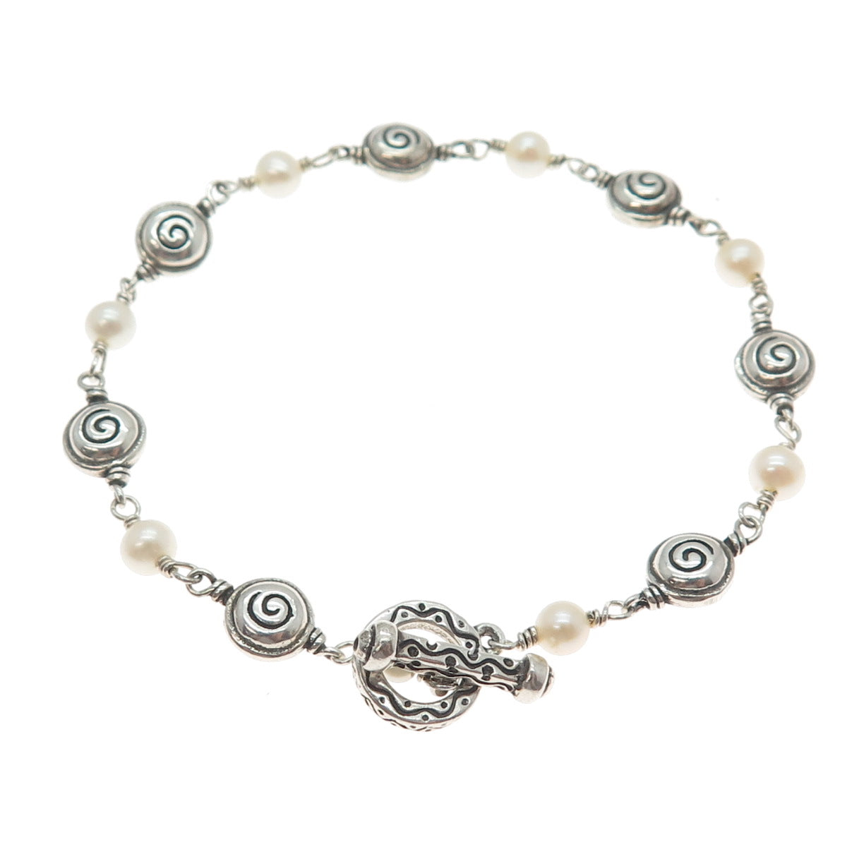 925 Sterling Silver Vintage Real Pearl Spiral Beaded Link Bracelet 6.75"