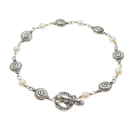 925 Sterling Silver Vintage Real Pearl Spiral Beaded Link Bracelet 6.75"