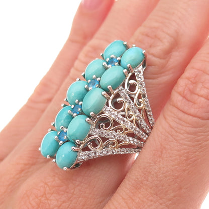 Chuck Clemency 925 Sterling 2-Tone Real Turquoise Topaz & Apatite Ring Size 8.25